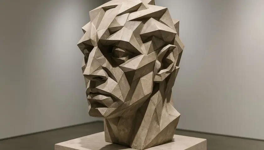Sculpture d'une tête aux formes géométriques, le regard intense et pensif. Une œuvre d'art qui captive par son style unique.