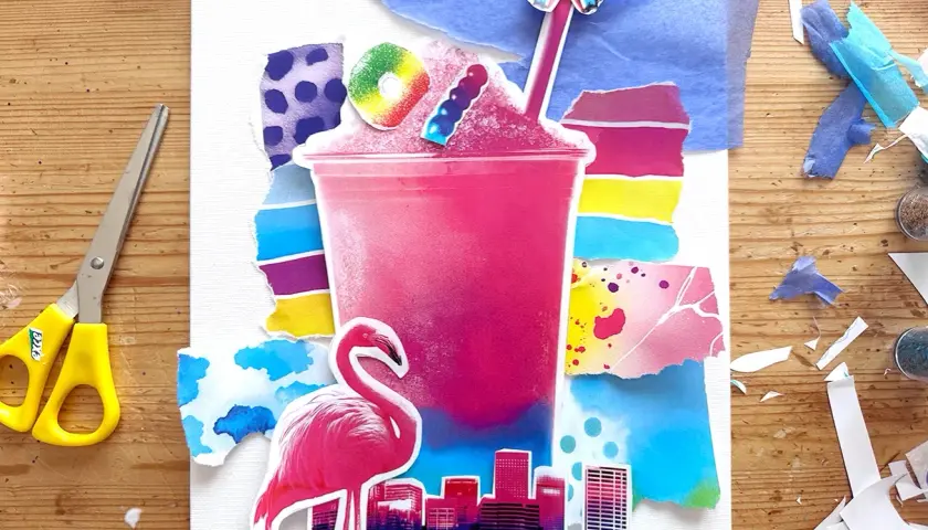 Collage pop art vibrant : un grand gobelet rose de granité, un flamant rose, un papillon et une ville.