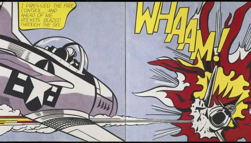 Un avion de chasse tire des roquettes, une explosion retentit. La **roy lichtenstein technique** imite les comics avec des points Ben-Day.