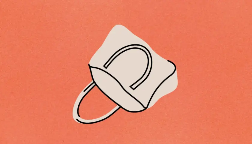 Sac beige stylisé sur fond orange. Il est temps de tout vider son sac et de faire le tri.