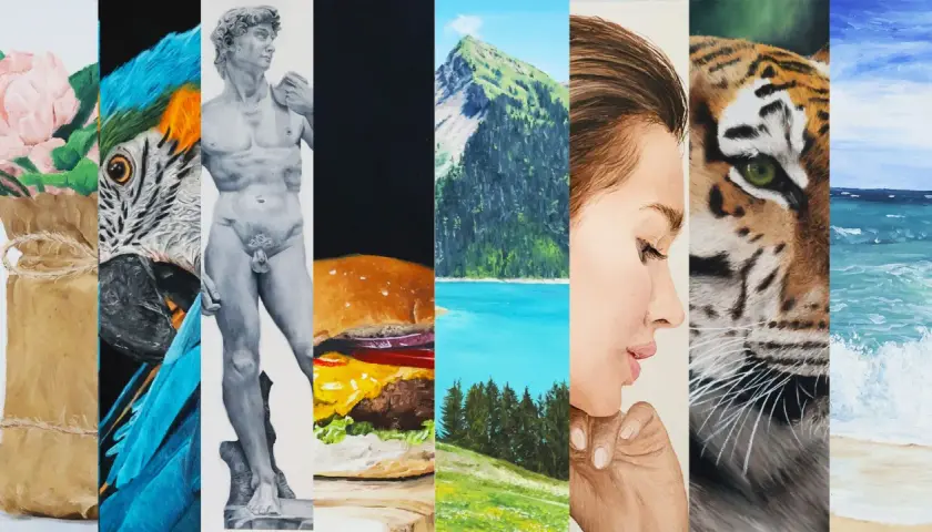 Un collage de peintures à l'huile : fleurs, perroquet, David, burger, paysage de montagne, portrait, tigre, mer. Un modele peinture à l'huile facile.