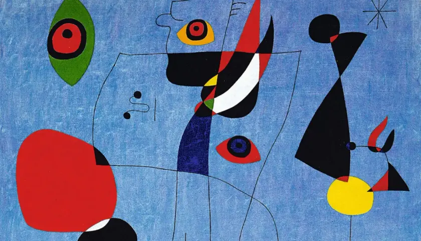 Œuvre de l'artiste Miro, un tableau abstrait bleu vif avec des formes géométriques et des yeux stylisés.