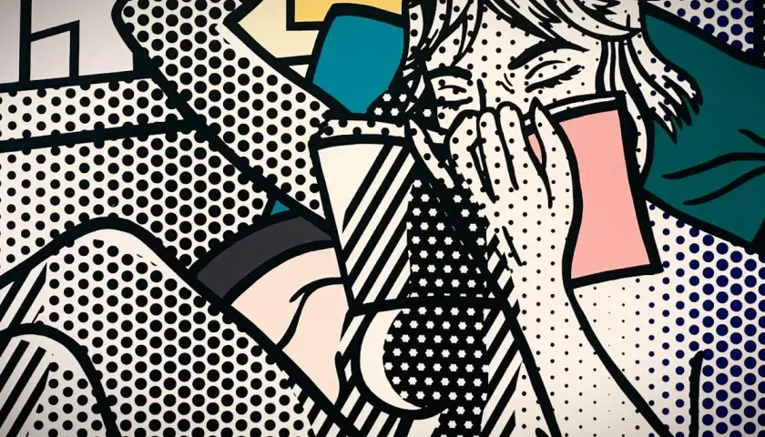 Une femme en larmes, typique du **Lichtenstein pop art**, se tient la tête. Les points Ben-Day et les couleurs vives créent une scène dramatique.