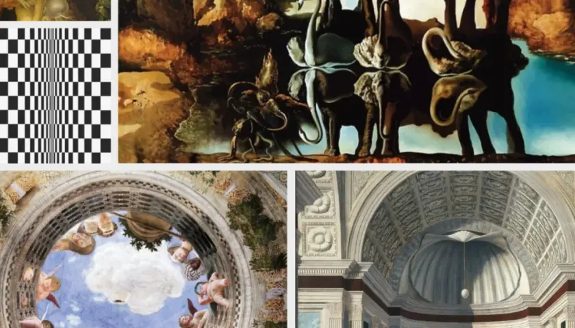 Collage d'oeuvres d'art : éléphants surréalistes, damier optique, anges célestes et architecture classique. Une oeuvre d'art tristesse émane de la scène surréaliste.