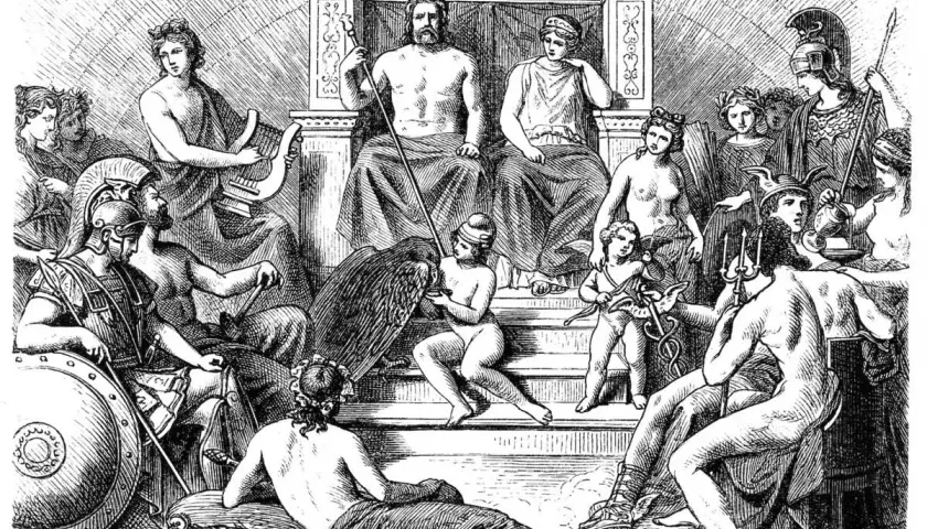 Scène mythologique : Zeus et Héra sur un trône, entourés de dieux et de figures, évoquant l'ouverture de la boite de Pandore.