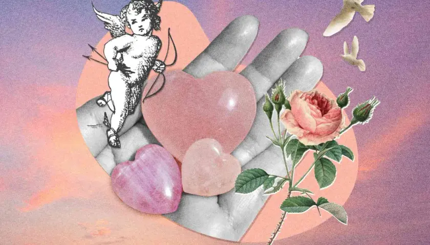 Une peinture d'amour et de passion : une main tenant des cœurs, un cupidon, une rose et des oiseaux dans un ciel pastel.