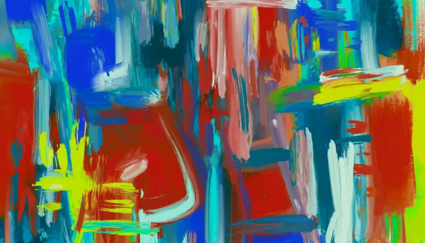 Une explosion de couleurs vives, une **abstraction def** qui évoque l'énergie et le mouvement. Des touches de rouge, bleu, jaune et vert se mélangent.