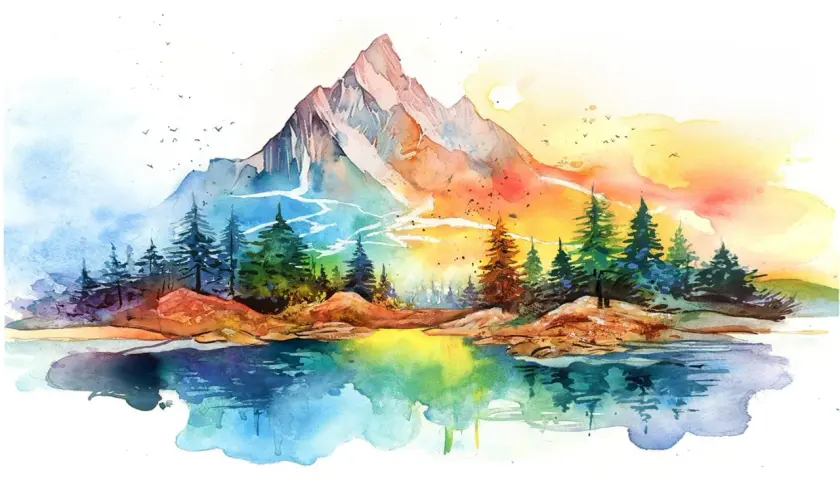 Un peintre aquarelle contemporain capture un paysage de montagne vibrant, avec un lac reflétant les couleurs vives du ciel et de la nature.