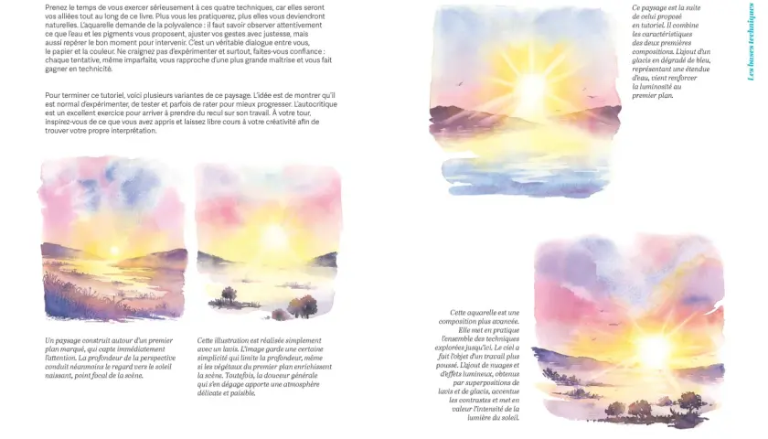 Aquarelles de paysages lumineux, où l'on peut peindre la nature avec des couchers de soleil éclatants et des ciels colorés.