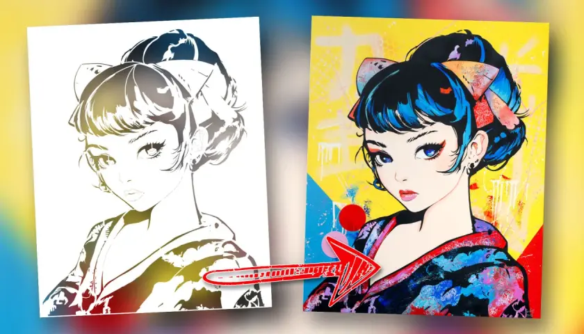 Une esquisse en noir et blanc d'une jeune femme se transforme en une vibrante peinture japonaise, pleine de couleurs vives et de détails expressifs.
