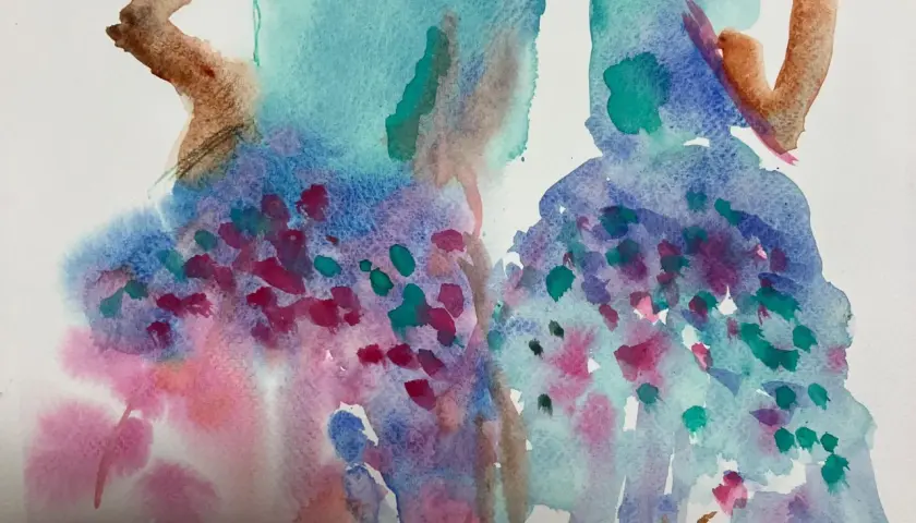Composition aquarelle abstraite aux teintes bleues, violettes et roses, évoquant des fleurs ou des baies.