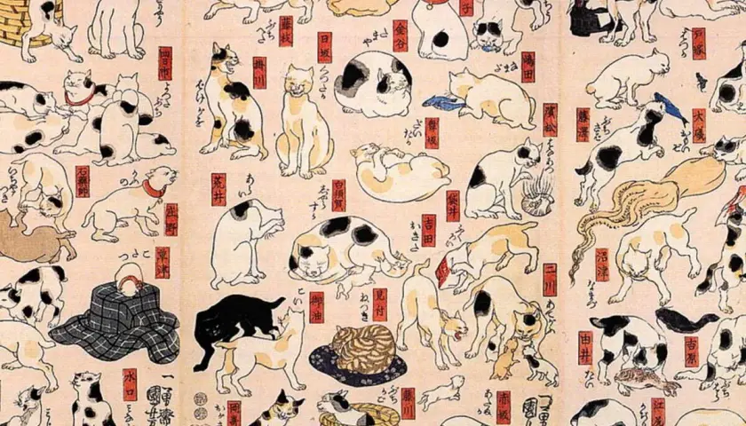 Une célèbre peinture japonaise de chats, montrant une multitude de félins dans diverses poses et activités.