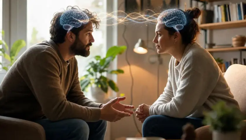 Un homme et une femme échangent des idées, leurs cerveaux illuminés par des ondes lumineuses, symbolisant une connexion profonde et une longueur d'onde d'expression partagée.