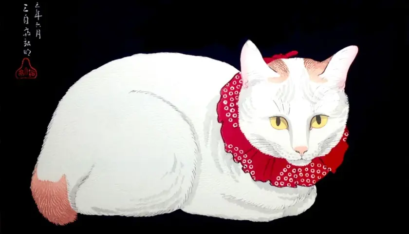 Un chat blanc aux yeux jaunes, paré d'un collier rouge orné de cercles blancs, est une œuvre d'art captivante. Ce tableau de chats dans l'art, aux teintes vives sur fond noir, évoque une présence élégante.