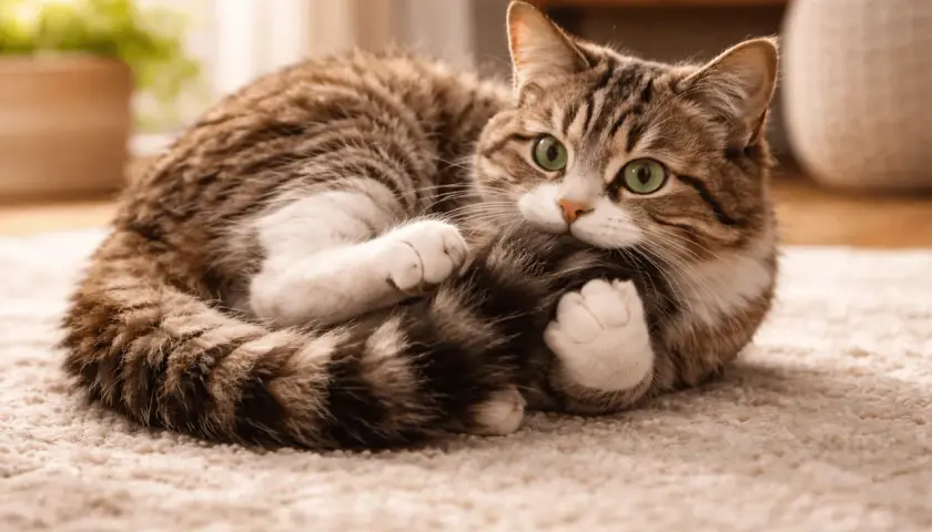 Un chat tigré aux yeux verts, enroulé sur un tapis, semble jouer avec sa queue, une scène qui évoque l'expression "le chat qui se mord la queue".