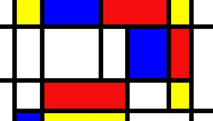 Une composition abstraite typique d'une **Mondrian peinture**, avec des lignes noires épaisses délimitant des rectangles de couleurs primaires (rouge, bleu, jaune) et des espaces blancs.
