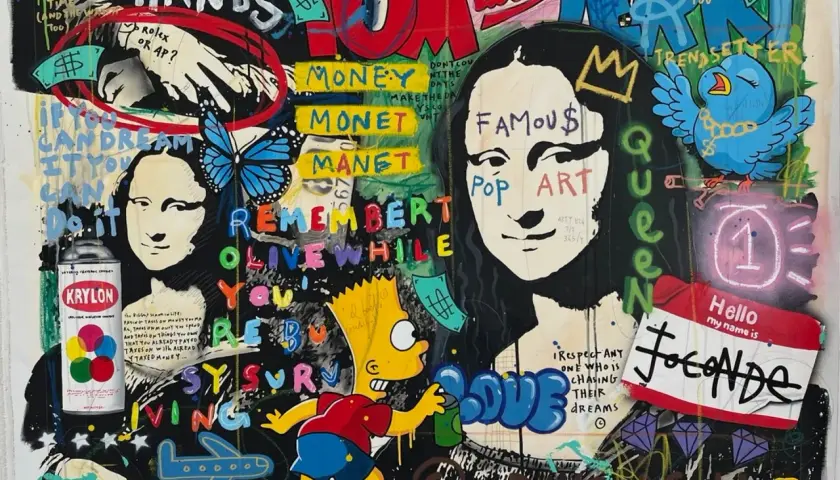 Œuvre pop art inspirée de Roy Lichtenstein, avec Mona Lisa, Bart Simpson, un oiseau et des messages sur l'argent et le rêve.