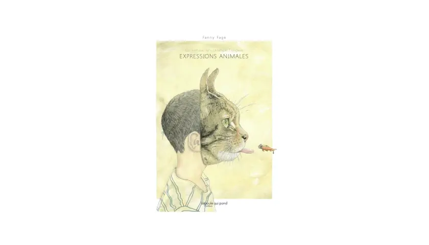 Illustration d'un visage mi-humain, mi-félin, avec une carotte au loin. Le titre "Expressions animales" suggère 20 expressions françaises avec des animaux.