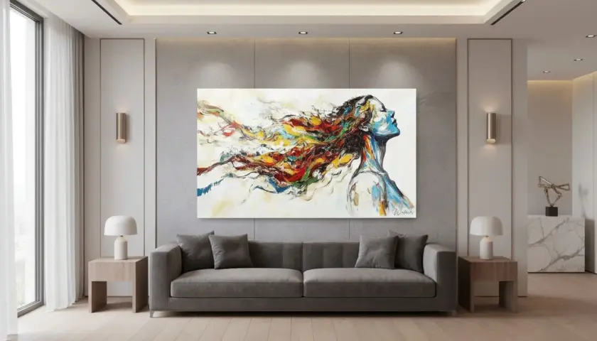 Tableau abstrait d'une femme à la chevelure multicolore, une inspiration pour comment faire un tableau original.
