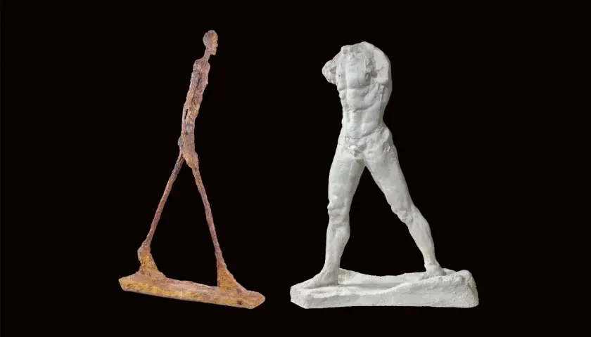 Deux sculptures de Giacometti : un homme fin et rouillé marchant, et un torse blanc plus massif.