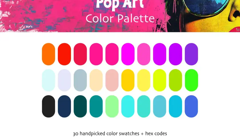 Palette de couleurs vibrantes inspirées du pop art, avec des teintes vives et audacieuses pour des créations éclatantes.