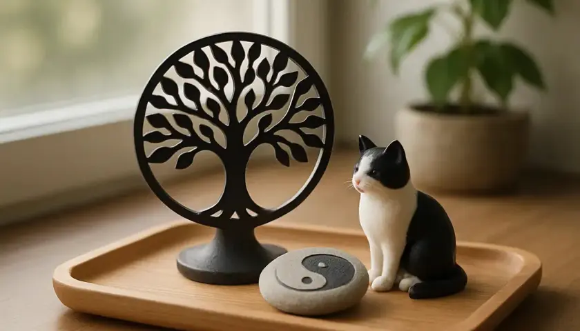 Un petit chat noir et blanc, tel un peintre contemplatif, observe un arbre de vie et un yin yang sur un plateau en bois.