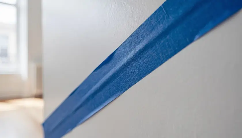Bande bleue sur mur blanc, créant un contour de lettre stylisé pour un projet de peinture.