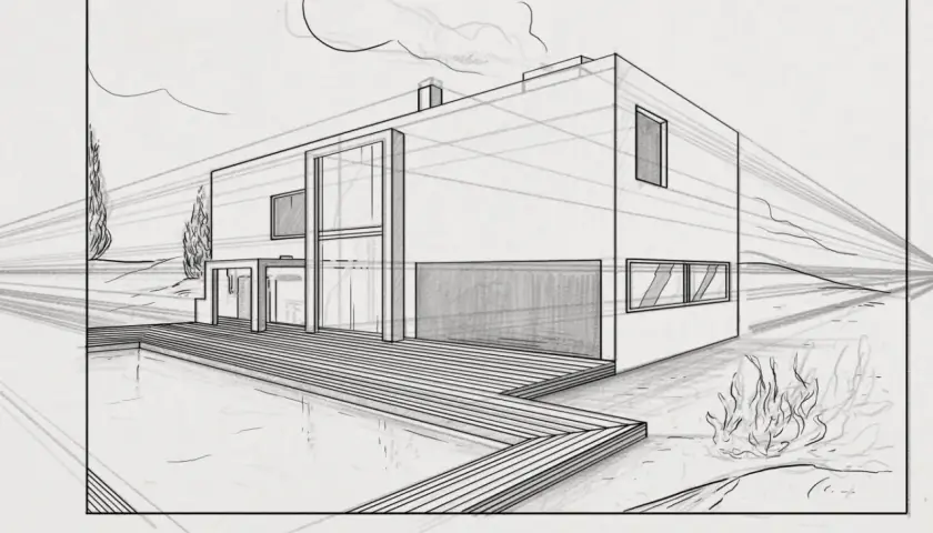 Dessin d'une maison moderne avec piscine, vu en perspective. Les lignes de fuite accentuent la profondeur.