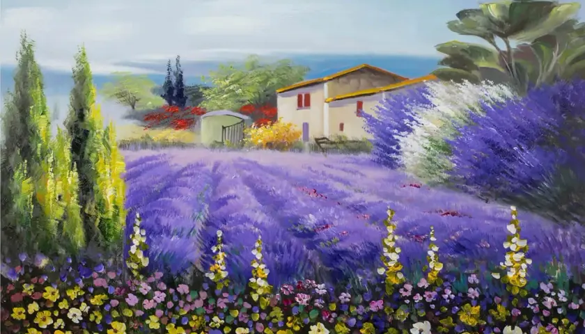 Peinture d'un paysage provençal avec une maison, des champs de lavande violets et des fleurs colorées au premier plan.