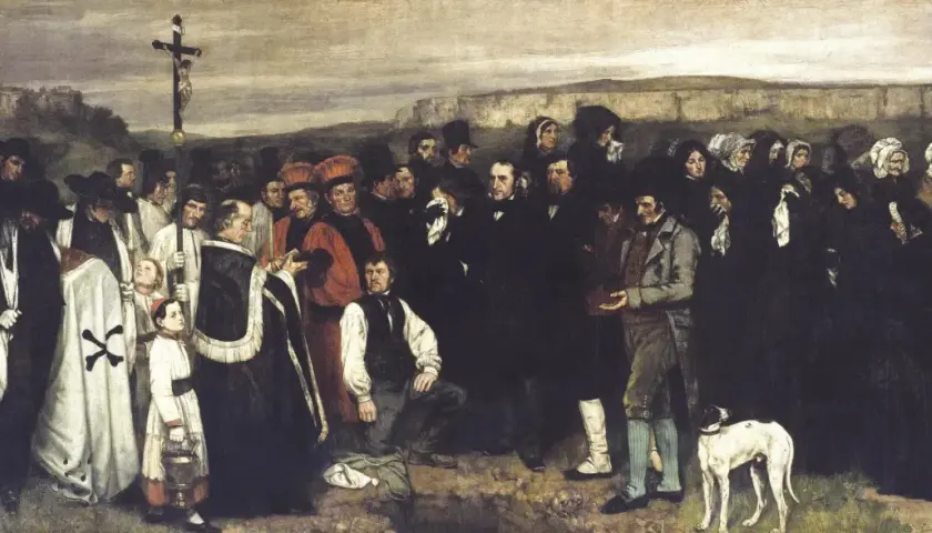 Une peinture réaliste connue dépeint une foule en deuil, un prêtre, un enfant portant une lanterne et un chien, sous un ciel sombre.