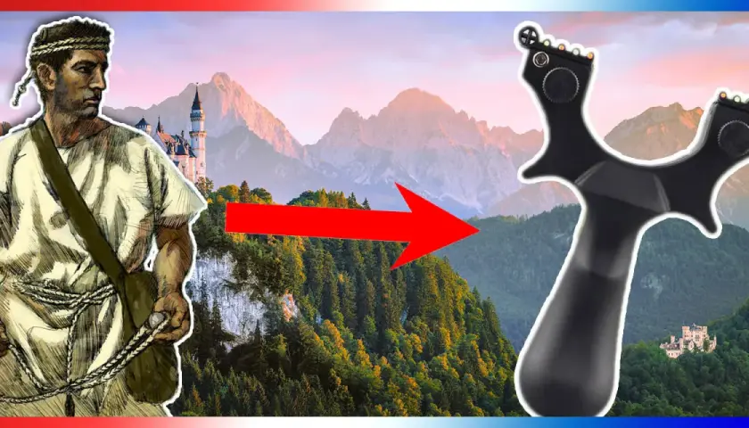 Un homme préhistorique, prêt à jeter la pierre, évolue vers une fronde moderne devant un paysage montagneux et des châteaux.
