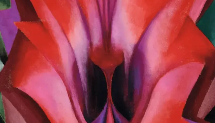Pétales rouges et roses abstraits, évoquant une fleur. Une œuvre du peintre américain du 20ème siècle, Georgia O'Keeffe.