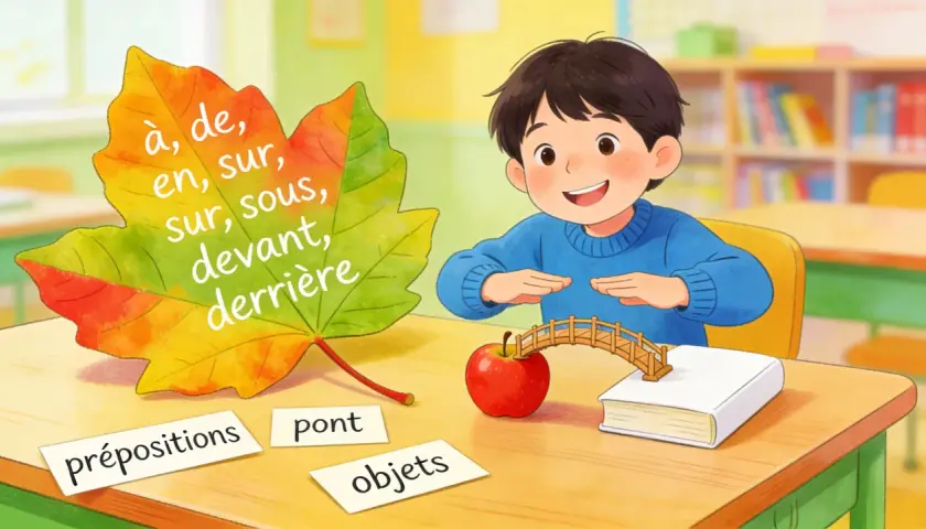 Un garçon apprend les prépositions avec une feuille d'automne. Il utilise un pont pour relier une pomme et un livre, illustrant l'expression avec sac.