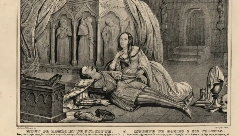 Peinture sur la mort : Juliette veille sur Roméo endormi dans un tombeau, une scène tragique de leur histoire.