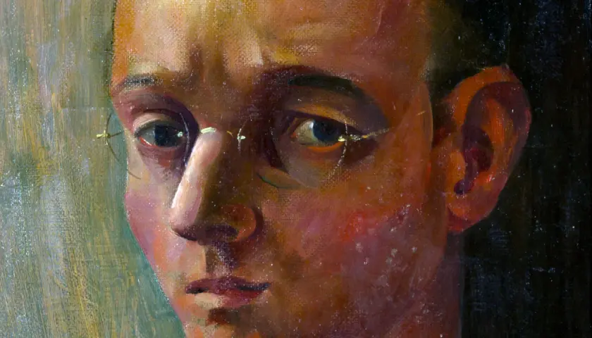 Portrait de Johannes Itten, artiste et théoricien de l'art, avec des lunettes fines.