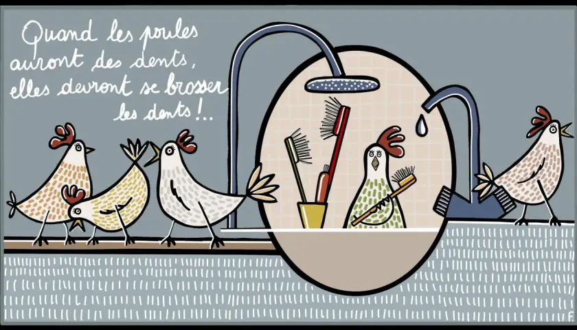Des poules avec des dents se brossent les dents dans la douche, une scène humoristique inspirée par l'expression "quand les poules auront des dents".