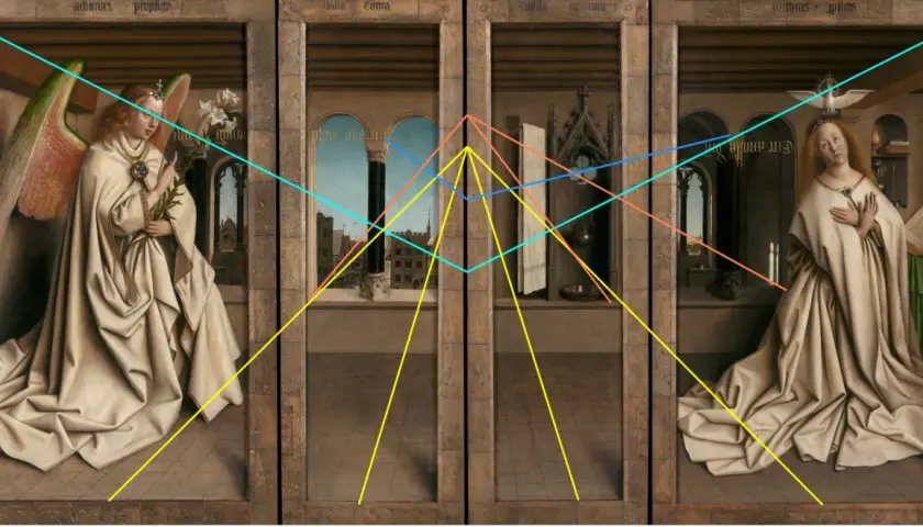 L'Annonciation, une oeuvre d'art lumière, montre l'archange Gabriel et la Vierge Marie dans des scènes architecturales, avec des lignes de perspective colorées.