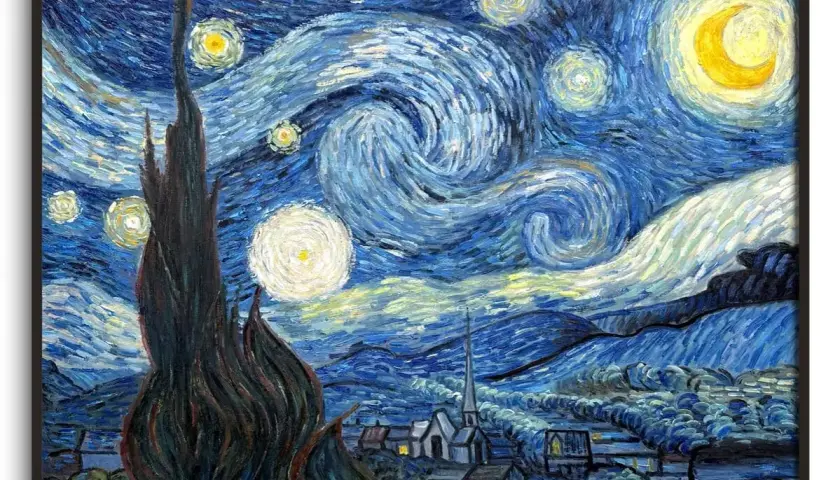 La nuit étoilée de Van Gogh, un chef-d'œuvre aux caractéristiques impressionnistes, dépeint un ciel tourbillonnant et lumineux au-dessus d'un village paisible.