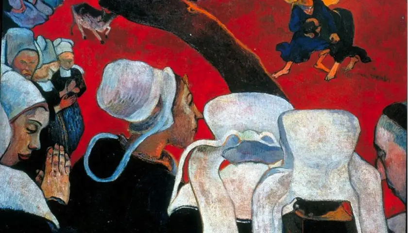 La Vision après le sermon, une peinture de Gauguin, montre des femmes bretonnes priant devant un combat de Jacob et l'ange, sur fond rouge vif.