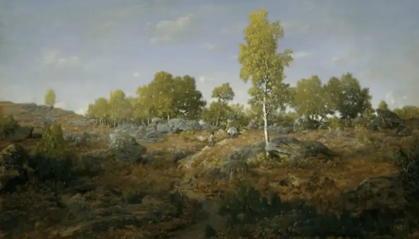 Paysage rocheux et boisé, typique de l'école de Barbizon. Un chemin serpente à travers la lande, menant vers des arbres feuillus sous un ciel nuageux.