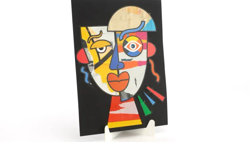 Portrait aux couleurs vives, inspiré par le style cubiste de Picasso. Visage déconstruit avec des formes géométriques et des textures variées.