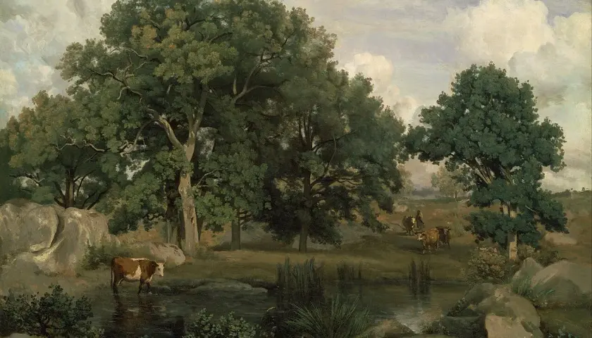 Vache dans un étang, paysage boisé. Une scène qui pourrait figurer sur une liste des peintres de l'école de Barbizon.