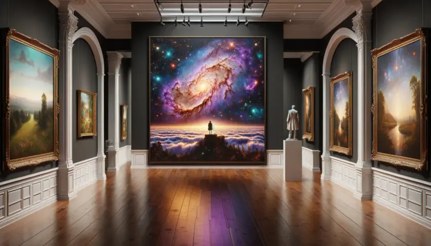 Une silhouette contemple une galaxie vibrante dans une galerie d'art, une œuvre de space art qui invite à la contemplation.