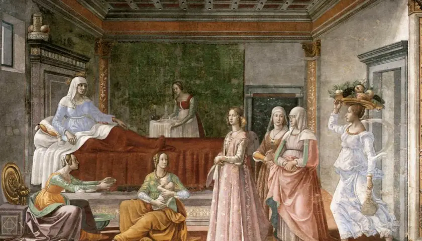Un tableau d'amour maternel : une femme en bleu est allongée, une autre porte un bébé, entourées de femmes en robes colorées.