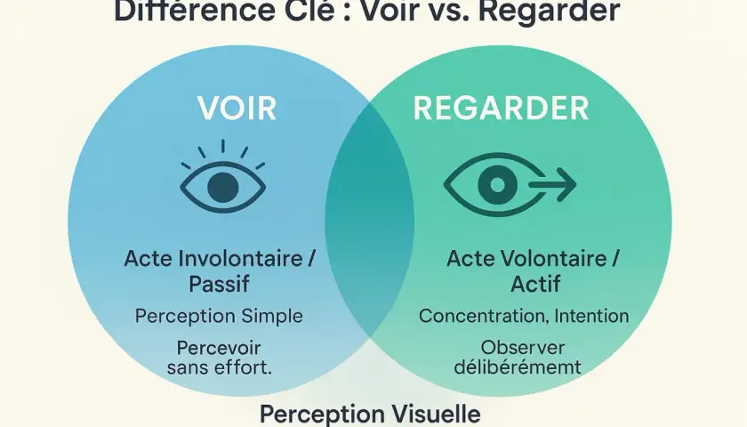 Diagramme comparant "Voir" (acte involontaire) et "Regarder" (acte volontaire), illustrant la perception visuelle à travers des icônes d'yeux.