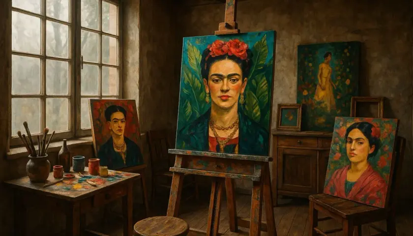 Atelier d'artiste avec plusieurs peintures de Frida Kahlo. Une grande toile sur un chevalet montre son portrait emblématique.