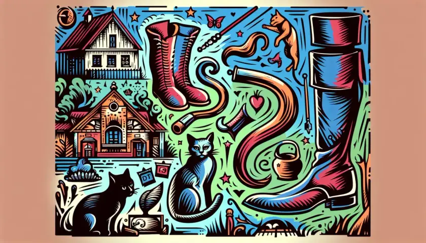 Dans cette peinture stylisée, le chat bleu, au regard perçant, semble observer un monde peuplé de bottes, de maisons et d'objets étranges.