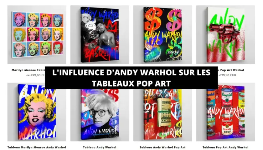 Œuvres pop art inspirées par le mouvement artistique d'Andy Warhol : Marilyn Monroe, dollars, pistolet, boîtes de soupe.
