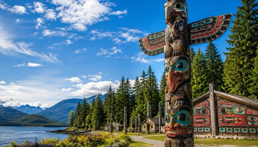 Un voyage dans l'art amérindien : un totem coloré et des maisons sculptées se dressent devant un lac et des montagnes majestueuses.