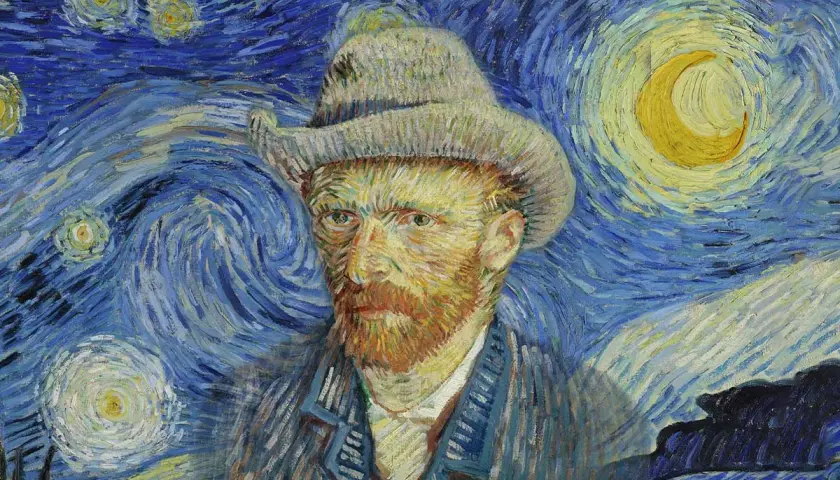 Portrait de Vincent van Gogh, peintre, sous un ciel étoilé tourbillonnant. La lune jaune brille.